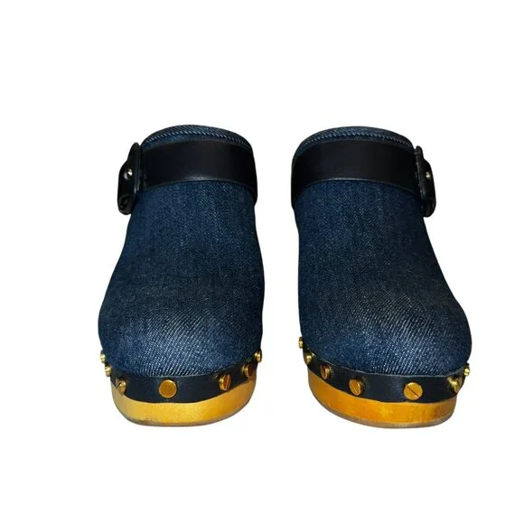 Like new Veronica Beard Dacey Denim & Navy Blue Leather Buckle Clogs Siz… - Picture 6 of 8
